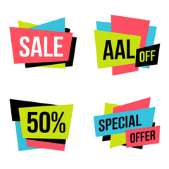 Collection of four vibrant geometric sale and discount announcement banners with text sale 50 off and special offer isolated on transparent background