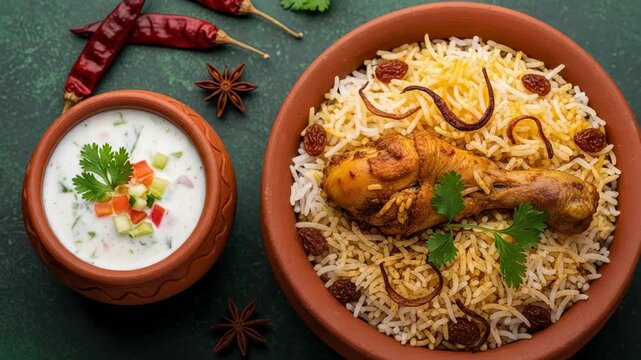 Delicious chicken biryani with raita, spices, and herbs on a green background