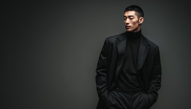 Stylish Photoshoot: Young Asian Male Model Showcasing Contemporary Black Ensemble In A Professional Studio Setting, Striking Different Dynamic Poses. - Powered by Adobe