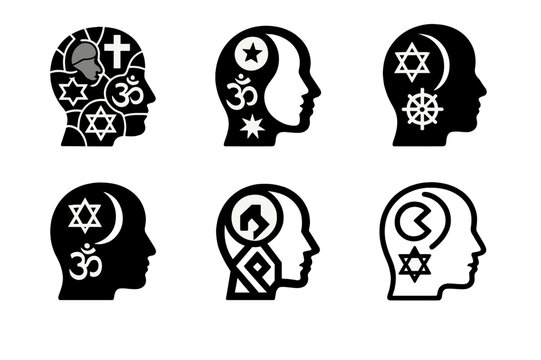 Interfaith Identity Icons. The relationship between religion and personal identity. Icon set. Set Logo of The relationship between religion and personal
