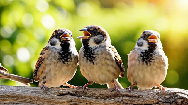 Sparrows Perching on a Branch, One Opening Its Beak in Soft Sunlight