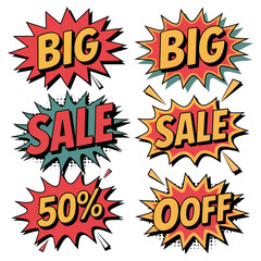 Collection of four vibrant comic book style explosion bursts with text for big sale and 50 percent off promotions isolated on transparent background