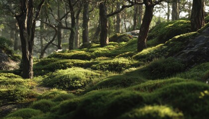 Obraz premium Stunning Moss-Covered Ground Of A European Forest In The Sunshine Of An Afternoon: A Breathtaking Sight To Behold.