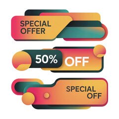 Collection of three modern abstract sale banners with special offer and 50 off text in vibrant gradient colors isolated on transparent background