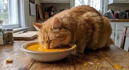 A ginger cat eats soup