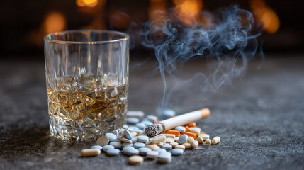 Dark conceptual image showing pills arranged near a smoldering cigarette and a half-filled liquor glass, stark gray background emphasizing emotional weight