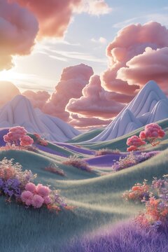 Whimsical pastel landscape with soft clouds and rolling hills