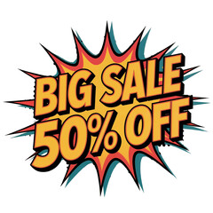 Explosive big sale 50 percent off announcement with vibrant orange yellow burst and teal accents isolated on transparent background