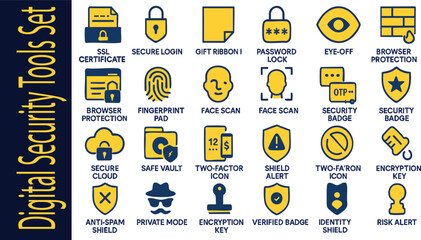 Digital Security Tools: A comprehensive set of digital security icons. Featuring essential tools for online protection. Showcasing security certificate, secure login, password lock and more