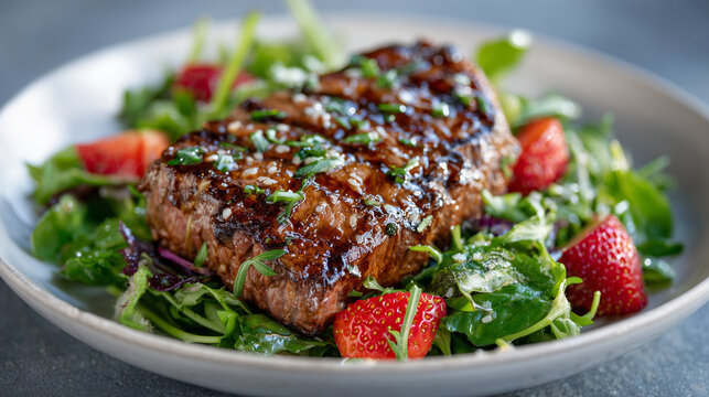 Bright, clean, health-focused meal presentation showing sliced grilled steak with green salad and fresh strawberries on a minimalist white plate, perfect for nutrition themes - Powered by Adobe