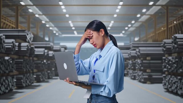 Side View Of Asian Female Professional Worker Use Laptop at Warehouse Storage of Rolled Steel Metal Bars, Rods or Billets,  She Is Nodding Her Shead With Dissapionted