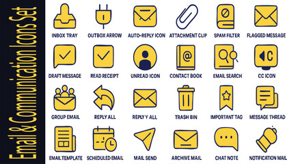 Email & Communication Icons Set: A comprehensive collection of meticulously designed icons representing various aspects of email communication, each symbol crafted with precision.