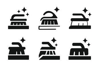 Kitchen Cleaning Icons. Tidying up the kitchen counters. Icon set. Set Logo of Tidying up the kitchen counters: scrub brush. harmonious logo variations of the