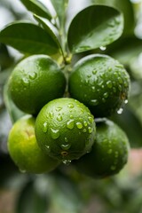 Fresh green limes with water droplets hanging from a branch closeup