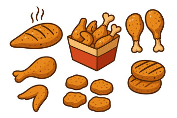 Crispy fried chicken assortment with drumsticks, wings, nuggets, fillets, and takeout bucket