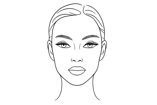Detailed woman's face template for cosmetic design practice with eyeliner and eyebrows