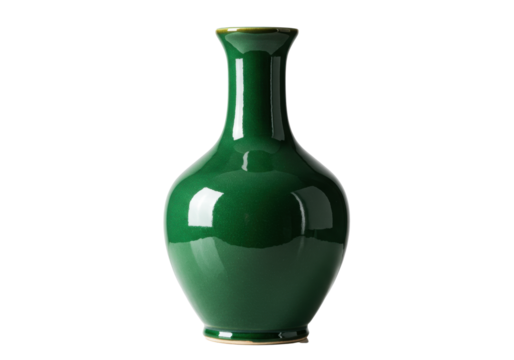 single elegant high-fired ceramic vase in deep jade green with a glossy finish and subtle rim lighting, centered on a white reflective surface with maximum copy space. concept for luxury product