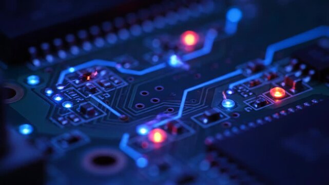 A macro shot showcases a circuit board with glowing blue and red lights highlighting intricate pathways and components
