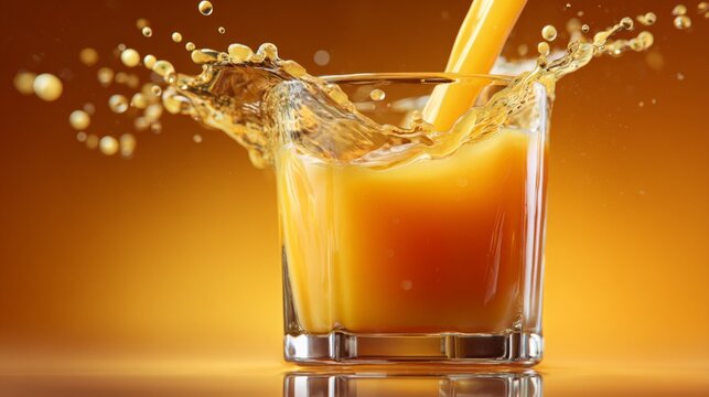 Refreshing glass of orange juice splashing with vibrant droplets against a warm orange background, perfect for beverage and summer themes
