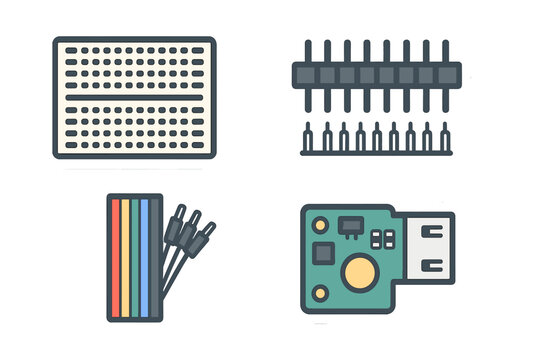 Set of electronic components breadboard header pins jumper wires and circuit board module