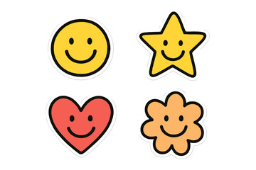 Cheerful collection of cute retro smiling face stickers including star heart and flower shapes