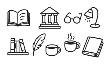 Black and white symbols set for learning, literature, and intellectual pursuits