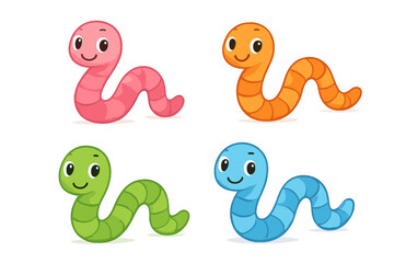Obraz premium Set of cute smiling cartoon earthworms in pink orange green and blue colors