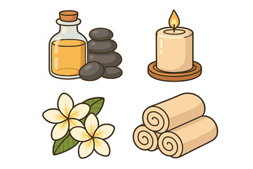 Set of spa and wellness objects: massage stones, essential oil, candle, and towels