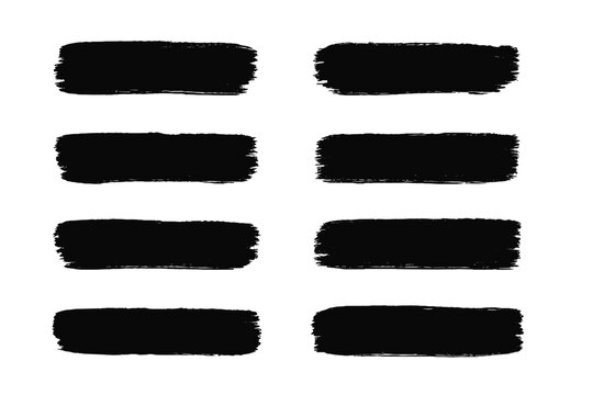 Set of eight black horizontal dry brush strokes with rough edges isolated on a white background