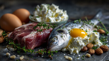 A rustic arrangement of raw steak, fresh fish fillets, speckled eggs, creamy cottage cheese, and whole nuts, presented on a dark slate background with moody shadows and rich detail