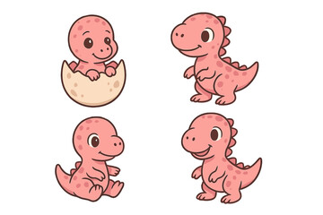 Cute pink baby dinosaur character set in four different poses including hatching from an egg