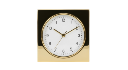 Gold square alarm clock isolated PNG on transparent background, classic analog timepiece for home decor and time management