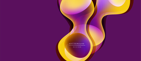 Abstract fluid shapes, vibrant colors, purple background. Modern design elements create dynamic visual impact. Smooth gradients, flowing forms.