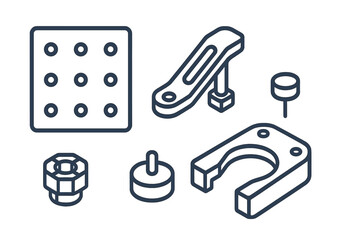 Isometric set of industrial mechanical parts, fasteners, and engineering components