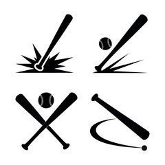 Set of baseball bat and ball icons isolated on white background