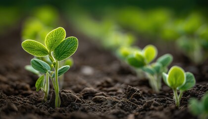 Fototapeta premium Selective Focus On Tender Soybean Sprout Growing In Row With Other Sprouts In Agricultural Field, Creating Soft Focus Effect.