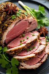 Sliced herb-crusted roast beef with star anise and green onion garnish