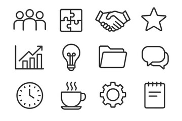 Fototapeta premium Teamwork Icon Set. Teamwork. Line icon set of teamwork: people, puzzle piece, handshake, star, chart, light bulb, folder, chat bubble, clock, coffee cup, gear,