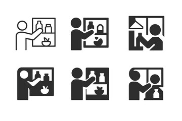 Fototapeta premium Grocery Icon Variations. Putting groceries away. Icon set. Set Logo of putting groceries away: person placing food items into a kitchen cabinet. harmonious