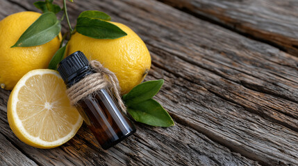 Flat lay of lemon wedges, whole lemons, and an essential oil bottle with twine-wrapped neck, arranged neatly on heavily textured rustic wooden boards with rich shadows and bright c