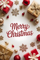 Christmas gifts and decorations arranged on a white background.