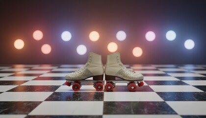 Naklejka premium Glittering roller skates with red wheels standing back to back on a classic black and white checkered floor, creating a retro disco aesthetic with colorful bokeh lights in the background