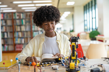 Young boy reading and assembling robot kit in the library, education and learning activities. Student Building Robotics Project