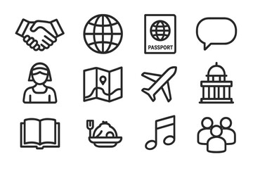 Cultural Exchange Icons. Cultural exchange. Line icon set of cultural exchange: handshake, globe, passport, speech bubble, traditional dress, map, airplane,