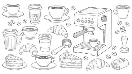 Collection of graphic cafe icons: cups, beans, and treats