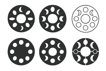 Moon Phases Logos. The phases of the moon. Icon set. Set Logo of The phases of the moon: circular lunar calendar wheel showing phases. harmonious