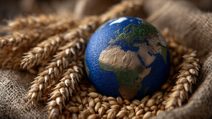 Symbolic arrangement of a classic globe surrounded by wheat ears and golden kernels scattered carefully on burlap, evoking themes of world harvest, sustainability, and global food