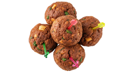 Savory meatballs with colorful toothpicks isolated PNG, delicious appetizer or snack on transparent background for party or catering