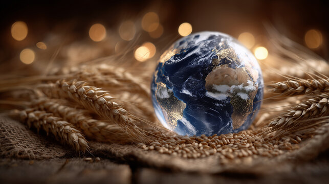 A symbolic global farming concept showing a glossy globe emerging from a mound of wheat grains on burlap, with long wheat ears framing the edges under warm atmospheric lighting - Powered by Adobe