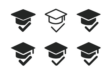 Grading System Logos. Online grading system. Icon set. Set Logo of Online grading system: graduation cap with check. harmonious logo variations of the same